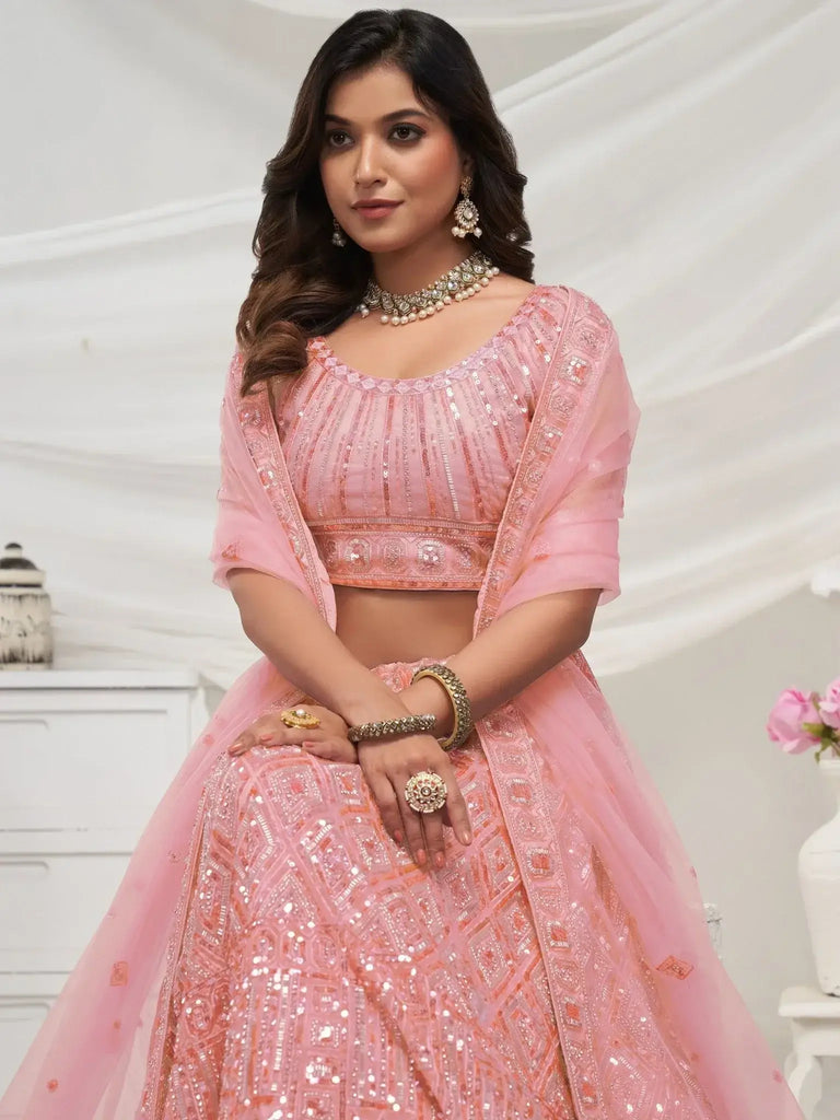 Astonishing Peach Heavy Sequins Net Engagement Wear Lehenga Choli - Ethnic Plus In
