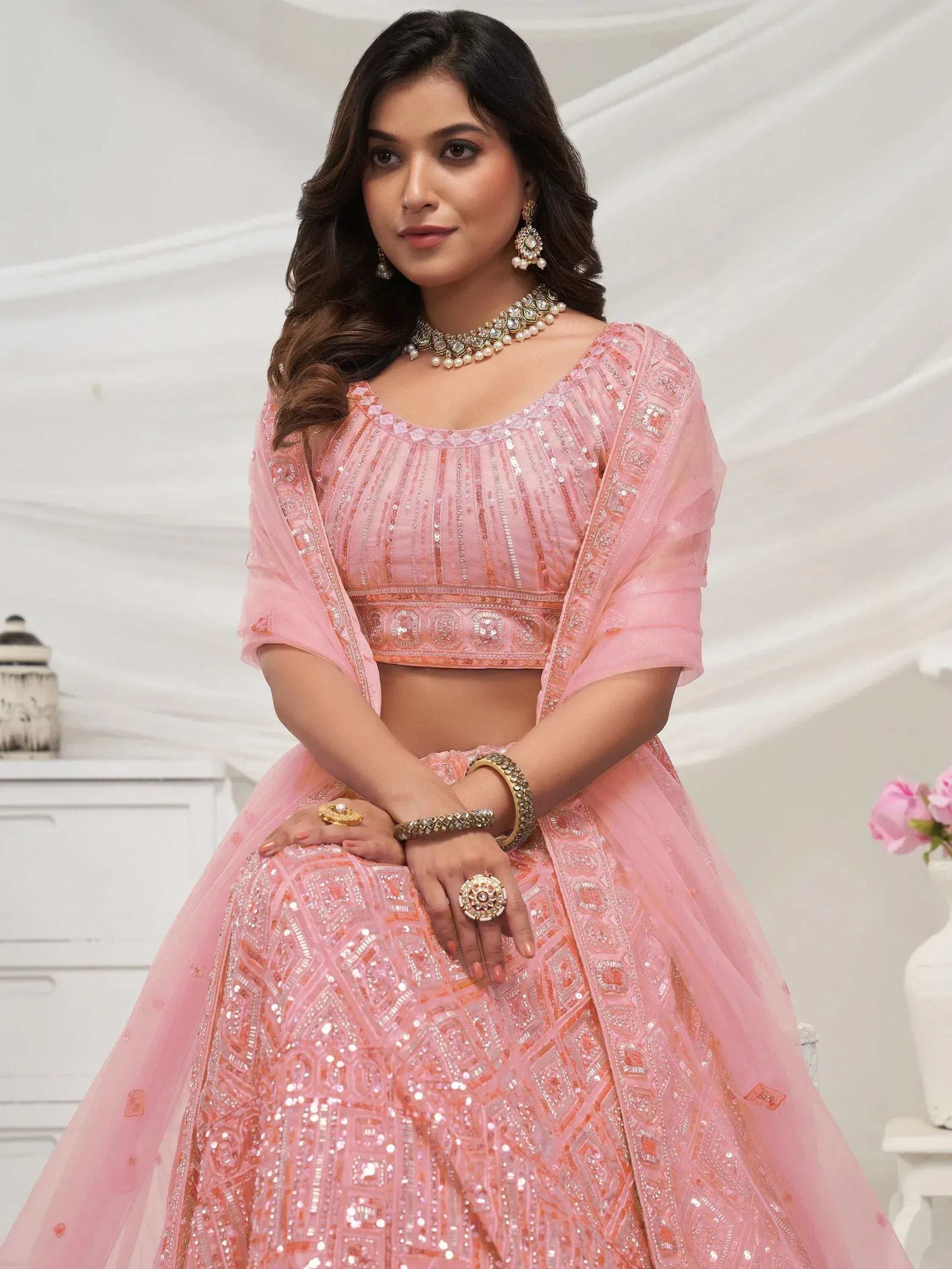 Pink embroidered lehenga choli with sequins and matching dupatta, Indian ethnic wear for weddings