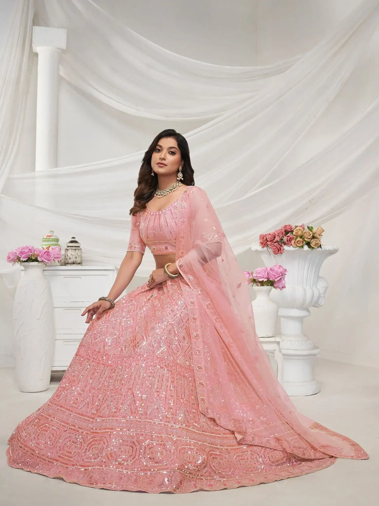 Astonishing Peach Heavy Sequins Net Engagement Wear Lehenga Choli - Ethnic Plus In