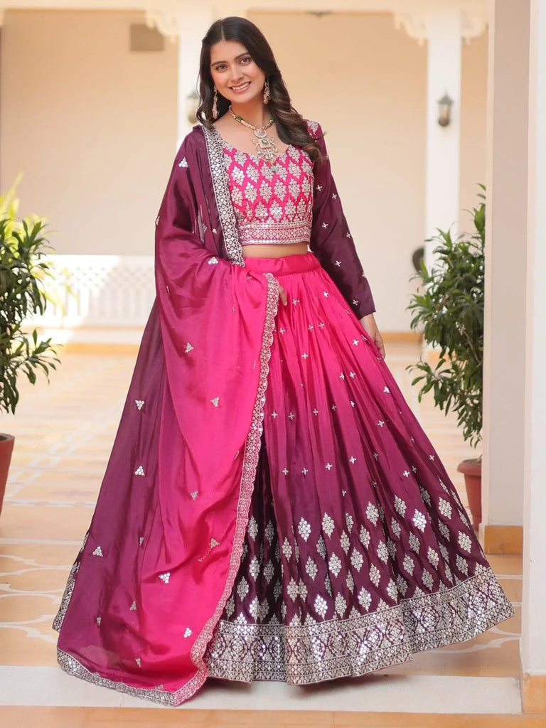 Astonishing Pink Embroidered Chinon Wedding Wear Lehenga Choli - Ethnic Plus In