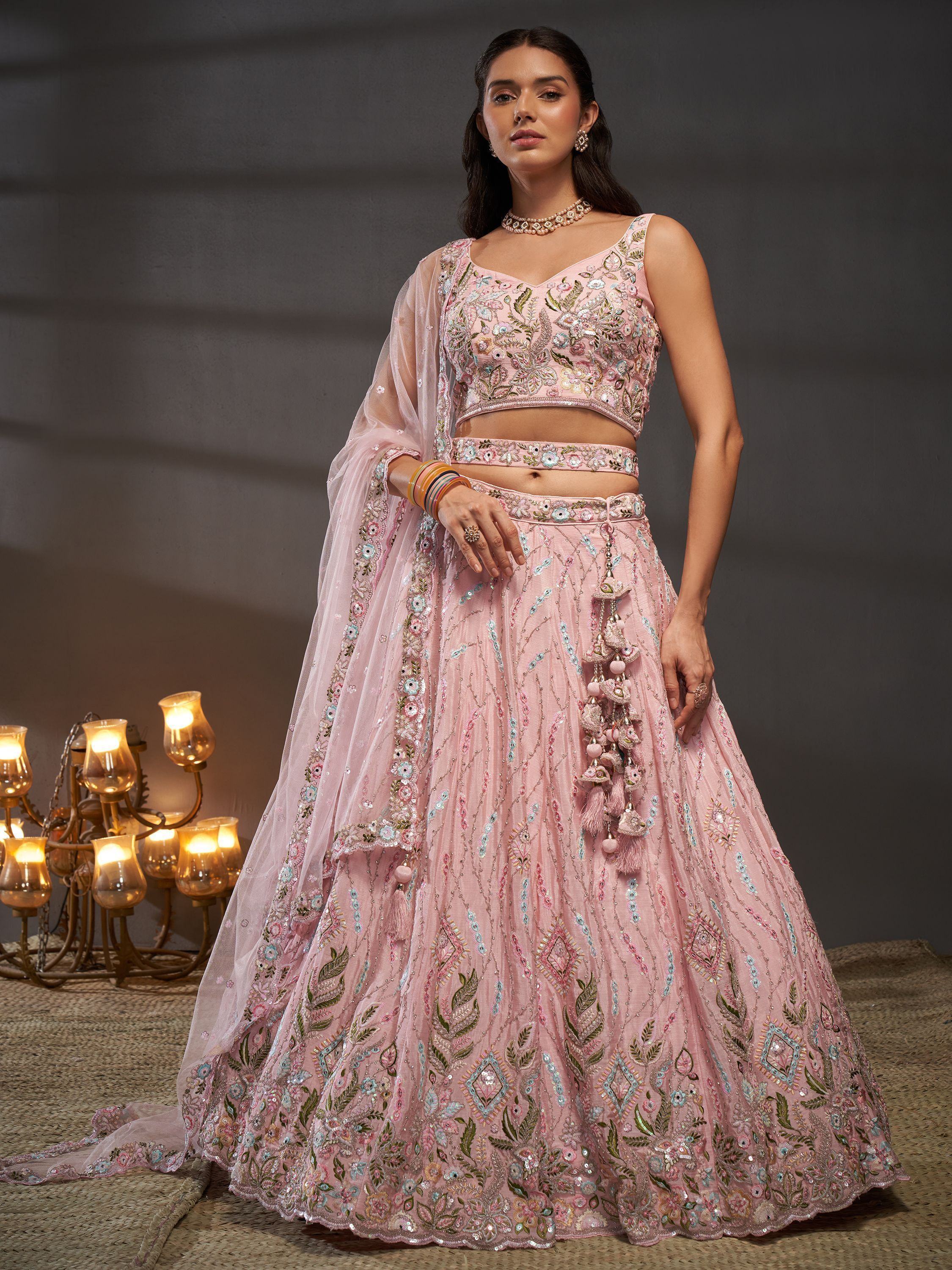 Astonishing Pink Sequins Chiffon Engagement Wear Lehenga Choli - Ethnic Plus In