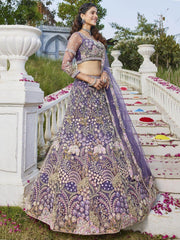 Astonishing Purple Embroidered Net Engagement Wear Lehenga Choli - Ethnic Plus In