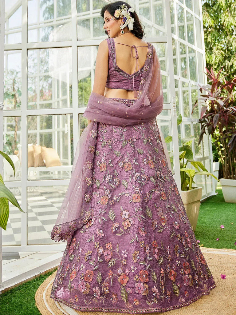 Purple floral embroidered lehenga choli with sheer dupatta, perfect for Indian ethnic occasions