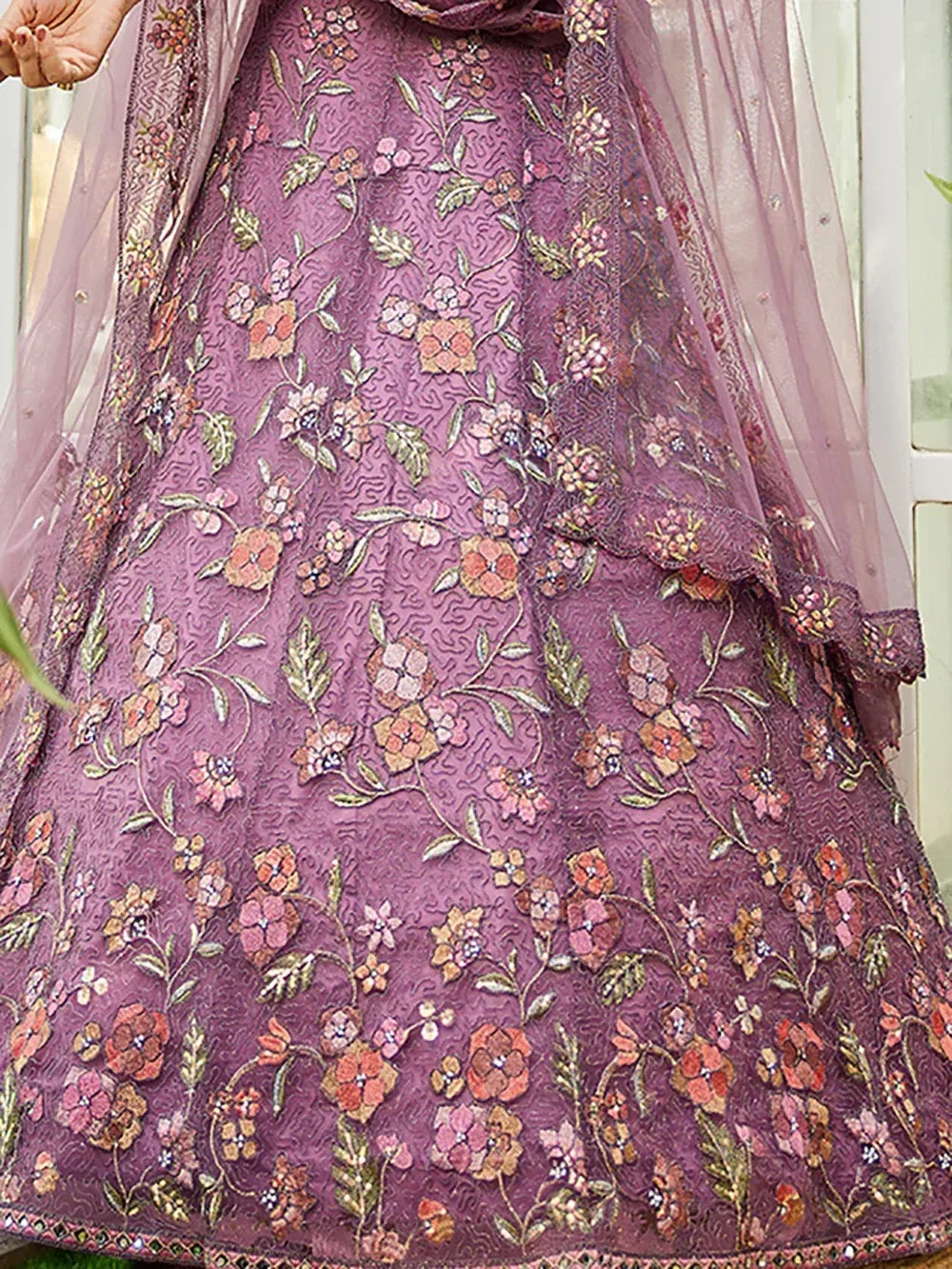 Purple floral embroidered lehenga choli with sheer dupatta, Indian ethnic wear