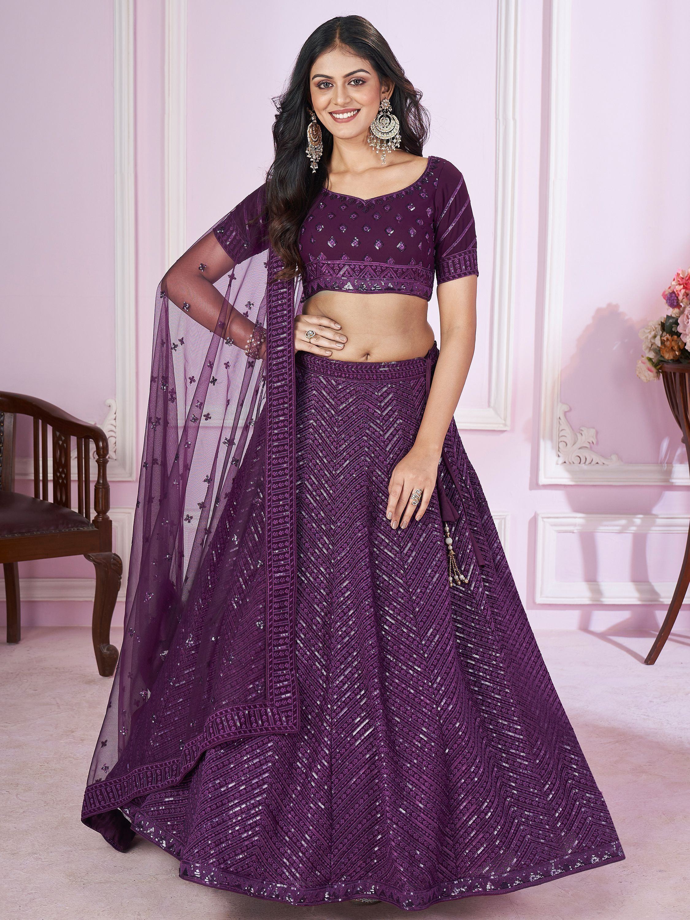 Purple sequin lehenga choli with sheer dupatta, Indian ethnic wear for weddings and parties
