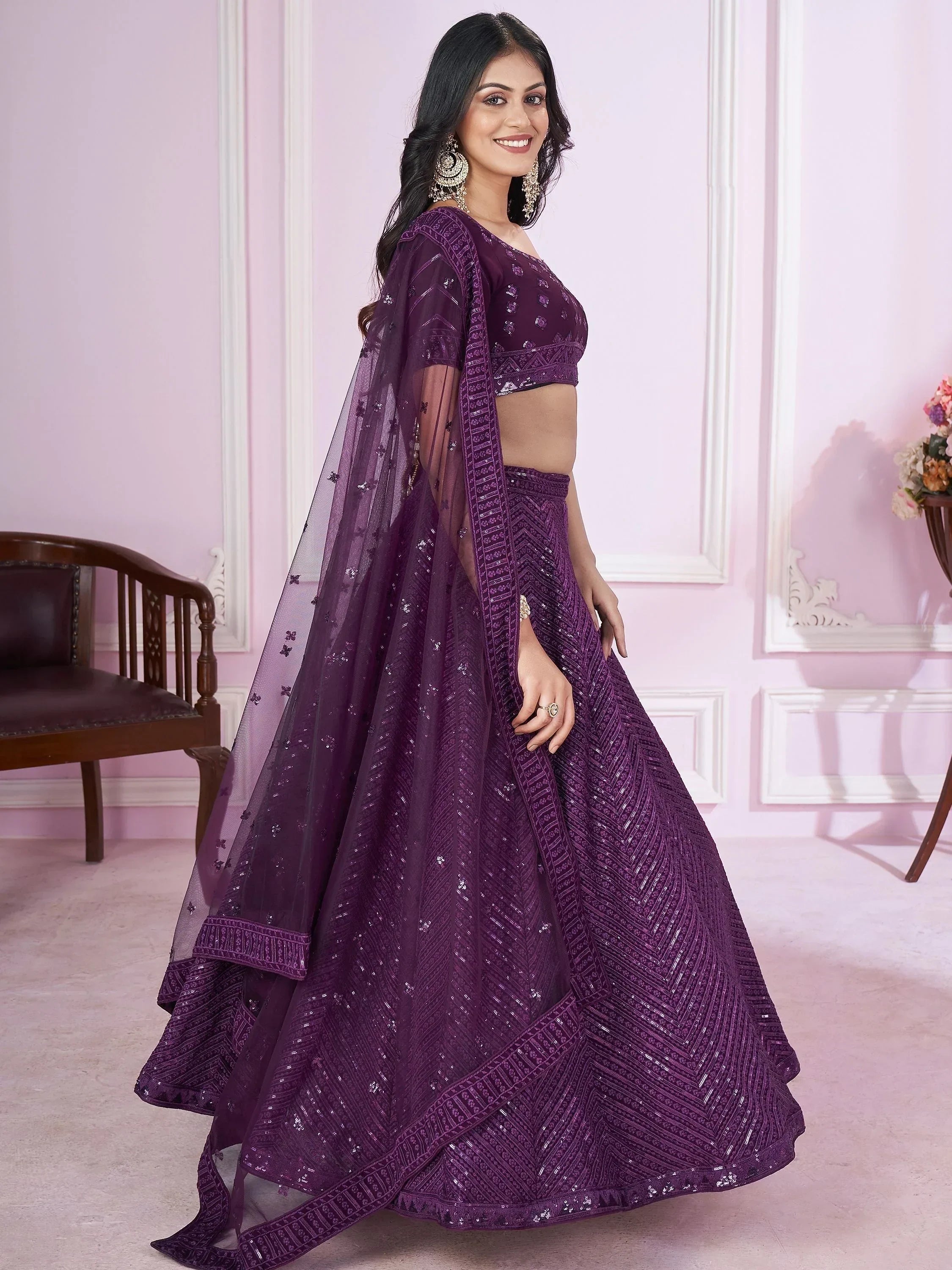 Purple sequin lehenga choli with sheer dupatta, ethnic Indian wedding wear