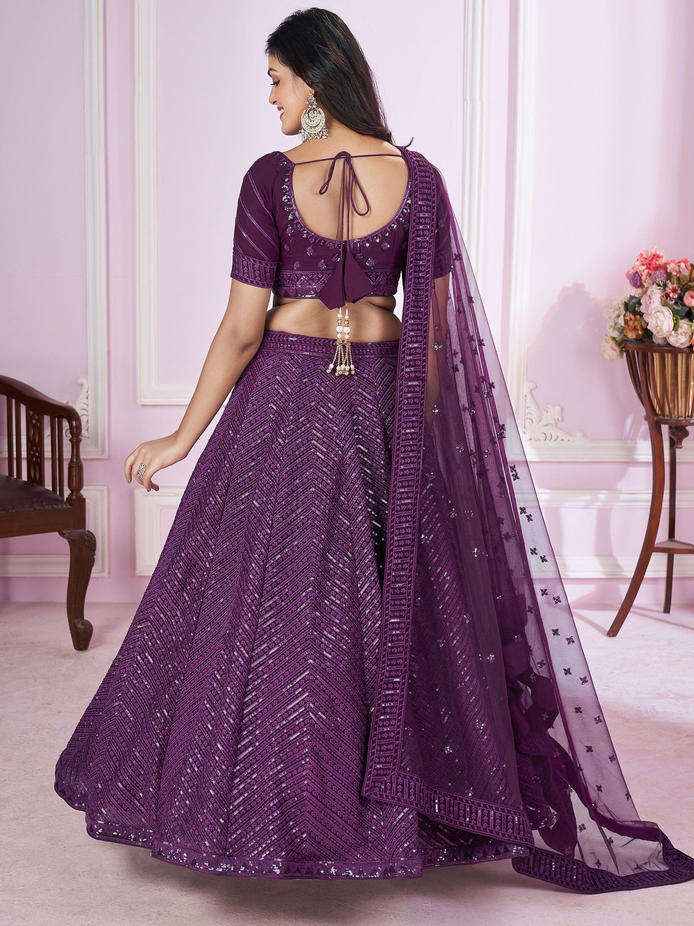 Purple designer lehenga choli with sequin embroidery, back tie blouse, and sheer dupatta for Indian ethnic wear