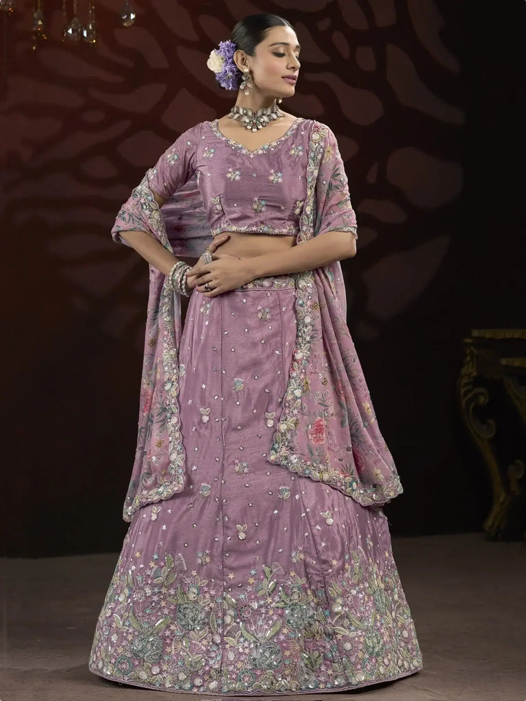Astonishing Purple Thread Embroidered Net Wedding Lehenga Choli - Ethnic Plus In