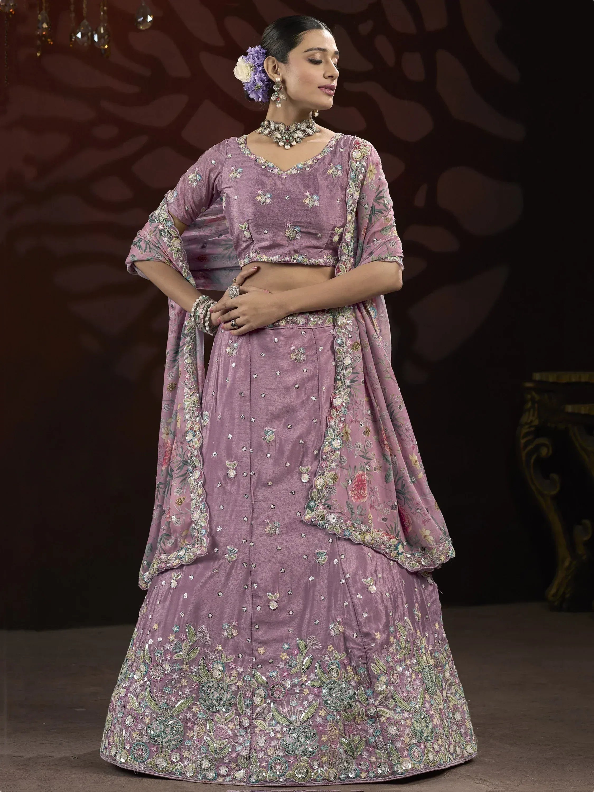 Elegant lavender lehenga choli with floral embroidery and sequin detailing, perfect for Indian ethnic wear.
