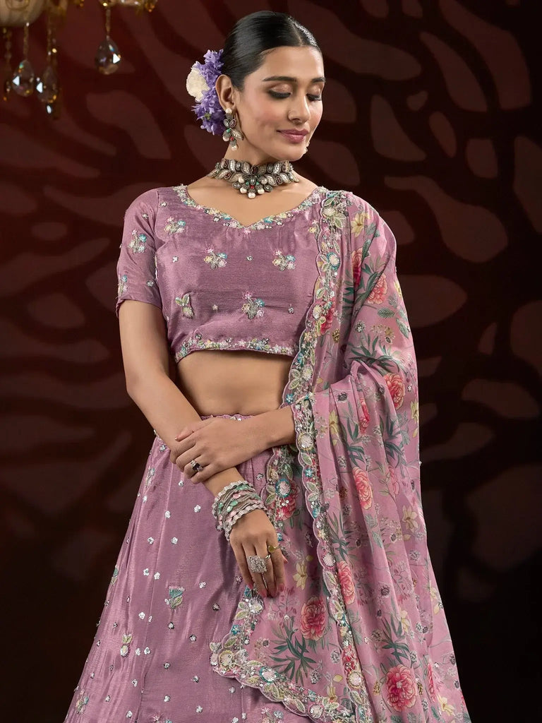 Astonishing Purple Thread Embroidered Net Wedding Lehenga Choli - Ethnic Plus In