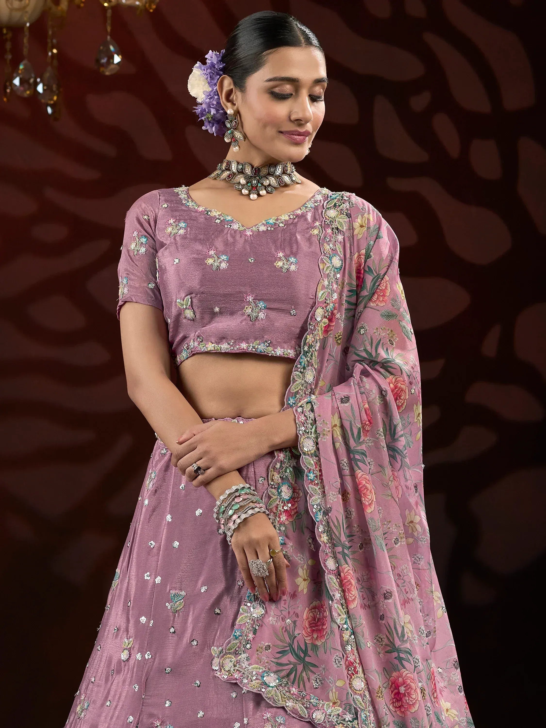 Elegant purple floral lehenga choli with embroidered dupatta, perfect for Indian ethnic wear occasions