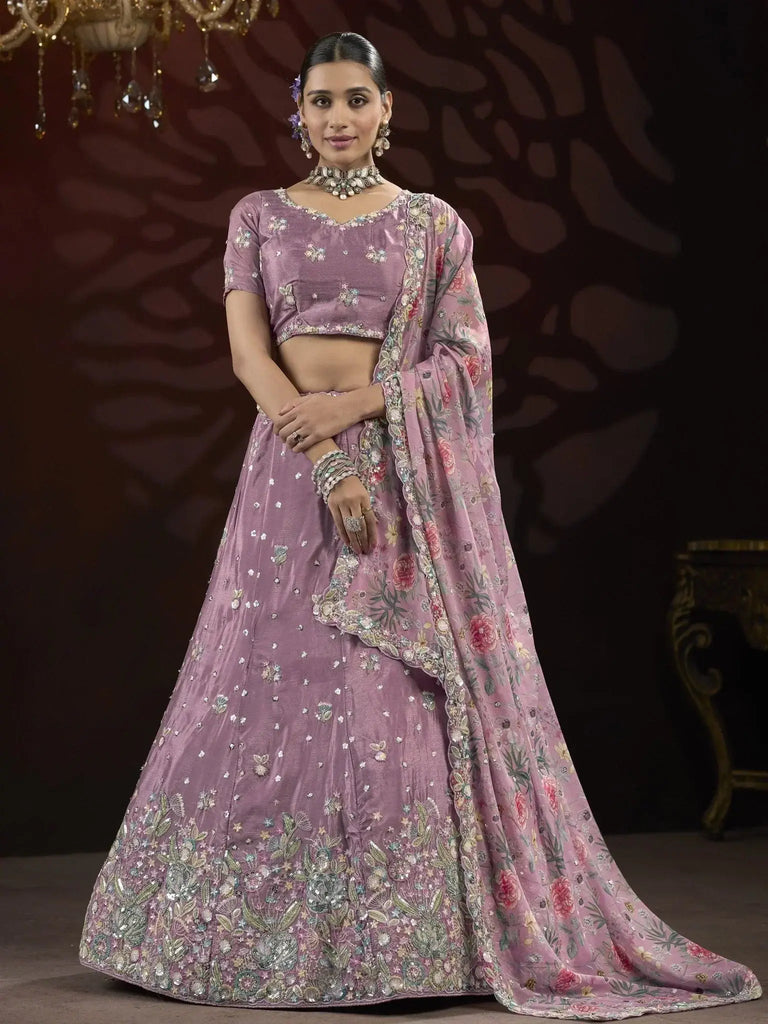 Astonishing Purple Thread Embroidered Net Wedding Lehenga Choli - Ethnic Plus In