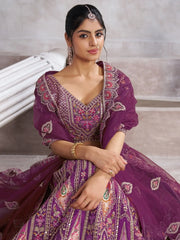 Astonishing Purple Thread Work Banarasi Silk Bridesmaid Lehenga Choli - Ethnic Plus In