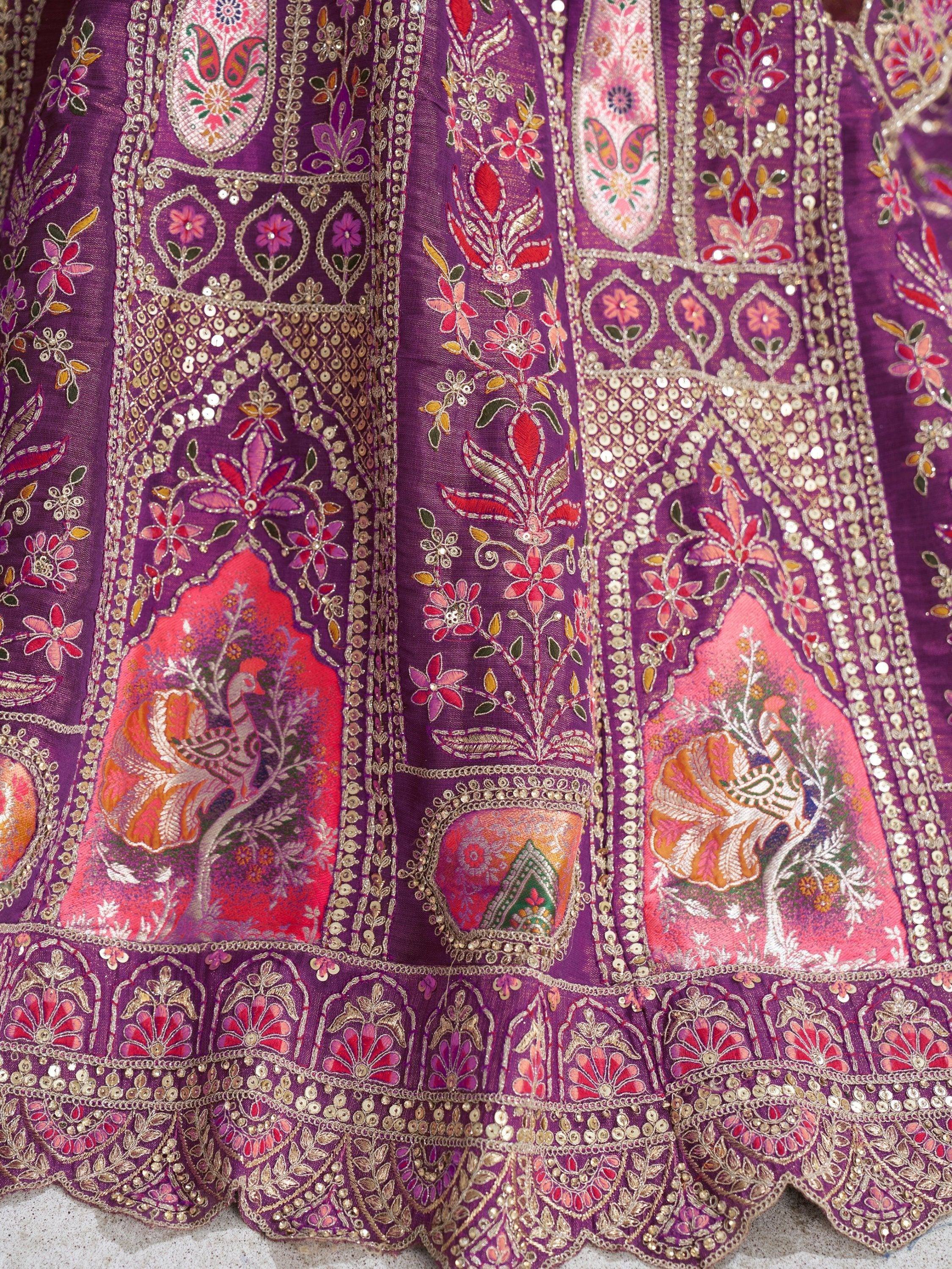 Purple Indian ethnic lehenga with floral embroidery, sequins, and peacock motifs for festive occasions