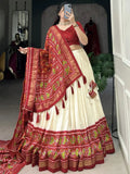 Astonishing Red Patola Print Tussar Silk Wedding Wear Lehenga Choli - Ethnic Plus In