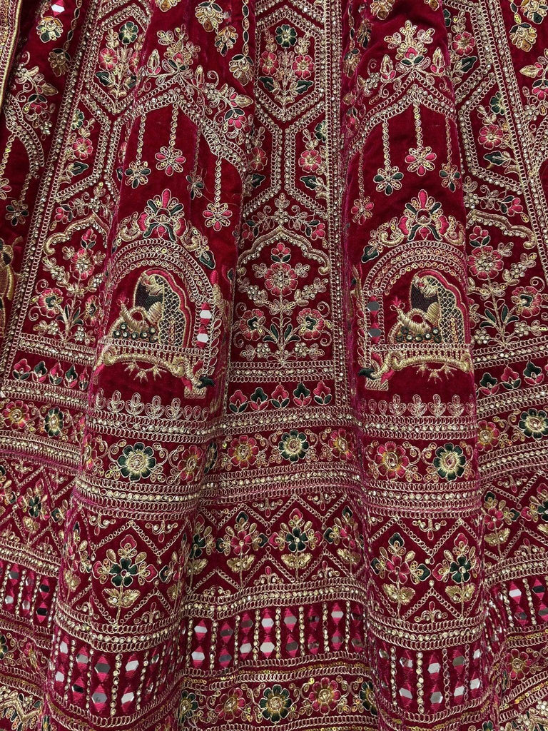 Astonishing Red Velvet Bridal Lehenga Choli With Double Dupatta - Ethnic Plus In