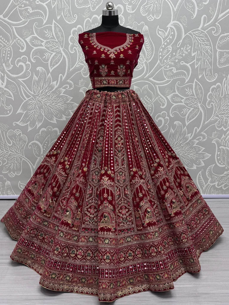 Astonishing Red Velvet Bridal Lehenga Choli With Double Dupatta - Ethnic Plus In