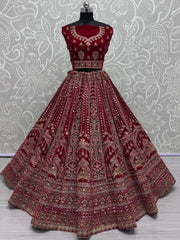 Astonishing Red Velvet Bridal Lehenga Choli With Double Dupatta - Ethnic Plus In