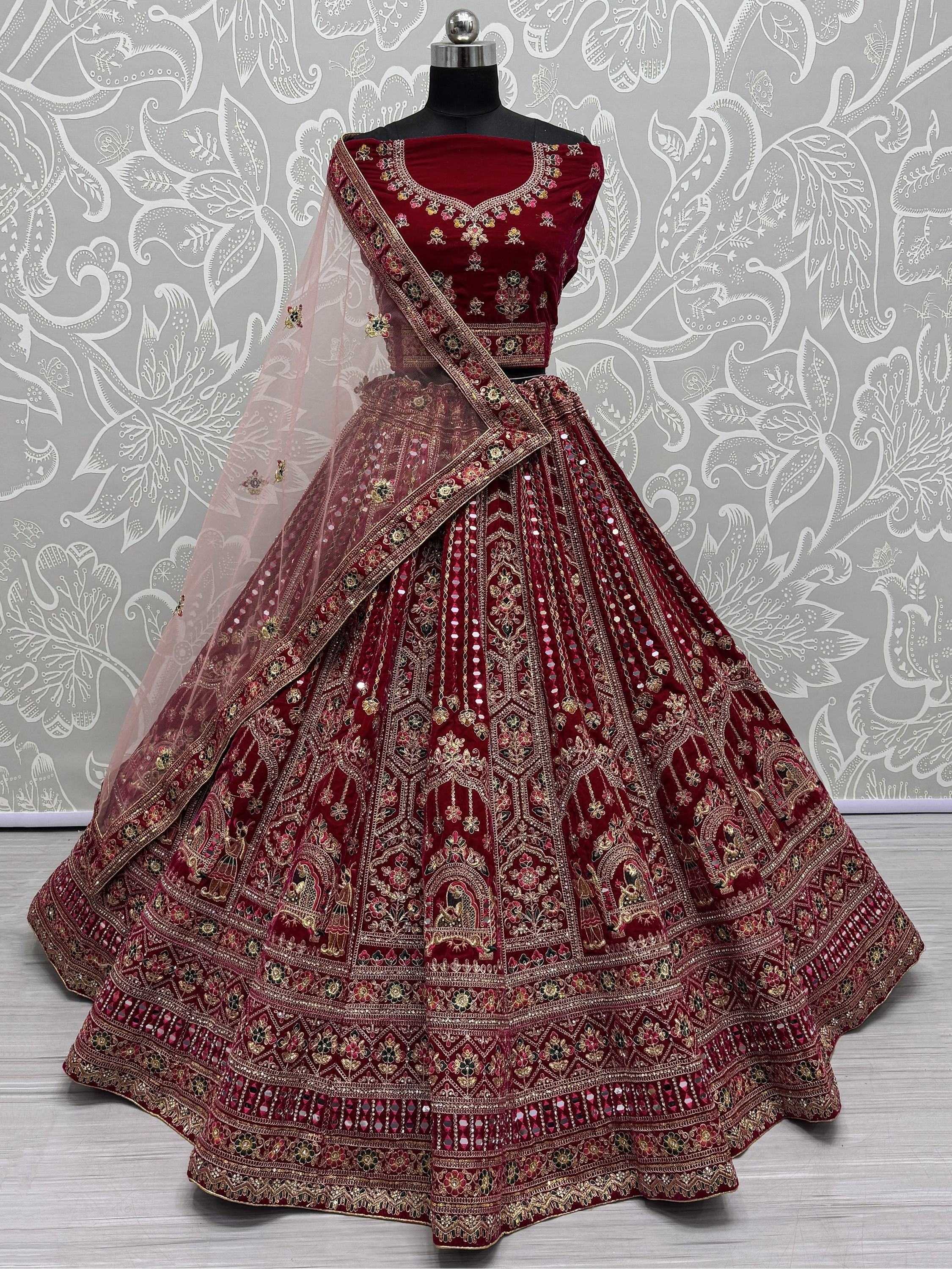 Astonishing Red Velvet Bridal Lehenga Choli With Double Dupatta - Ethnic Plus In