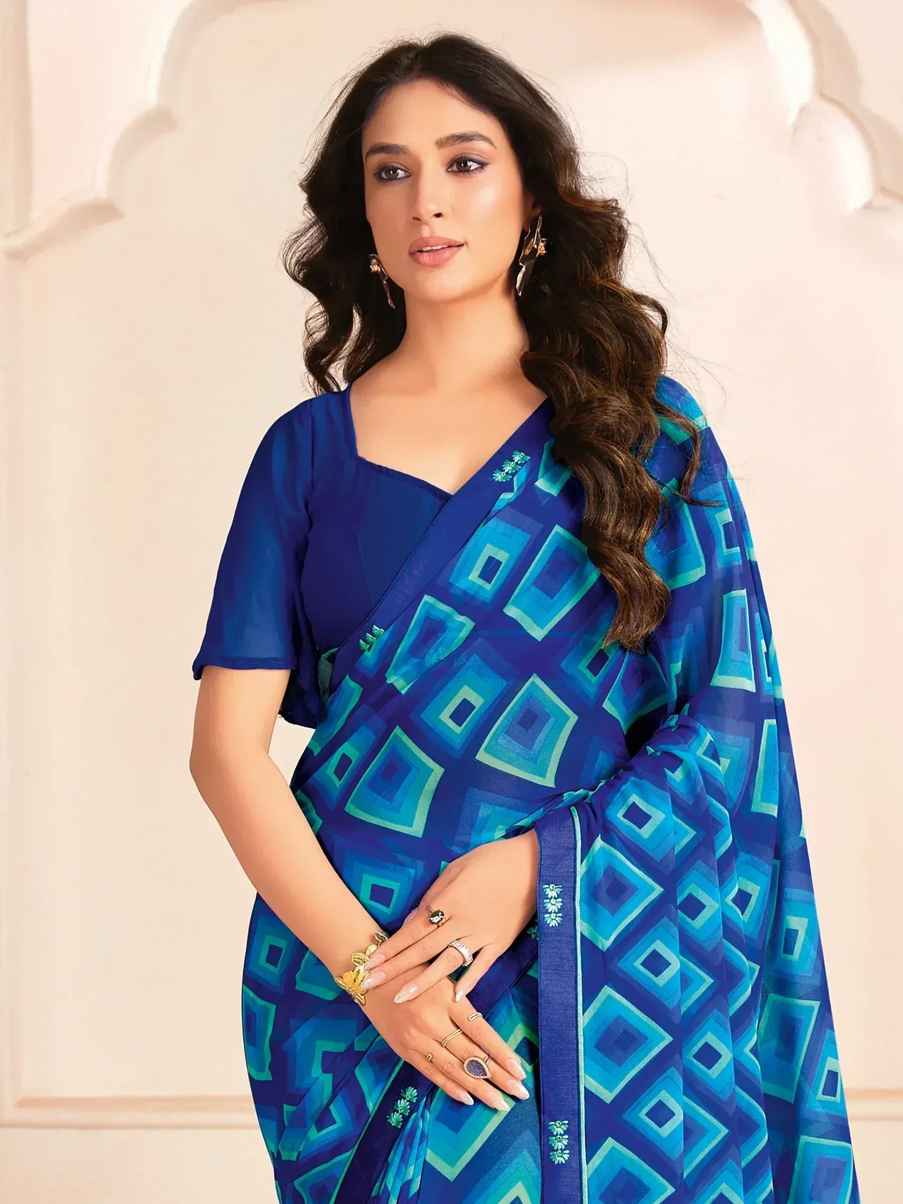 Blue geometric print saree with matching blouse, Indian ethnic wear for women