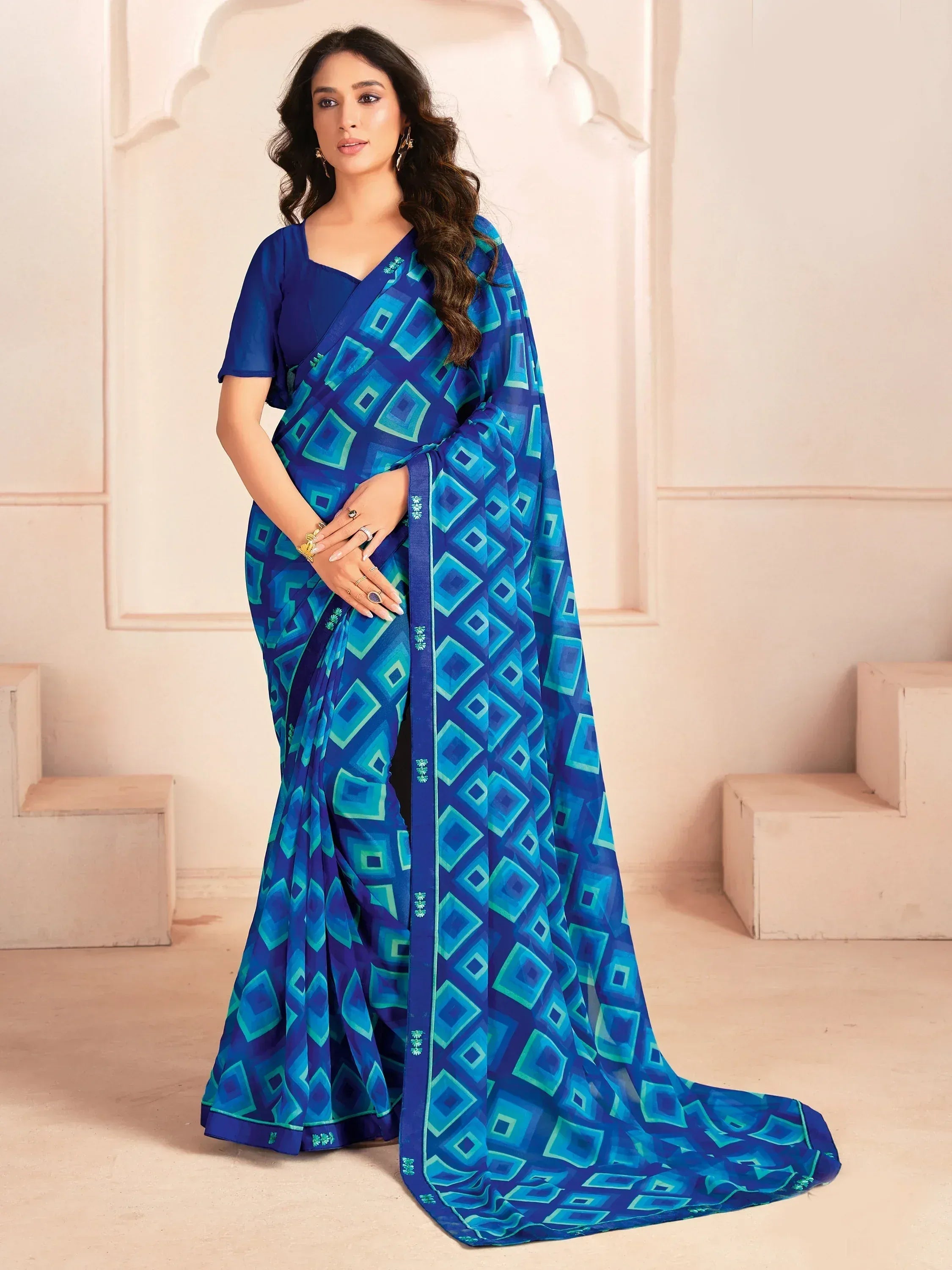 Blue geometric print saree with matching blouse, elegant Indian ethnic wear for women