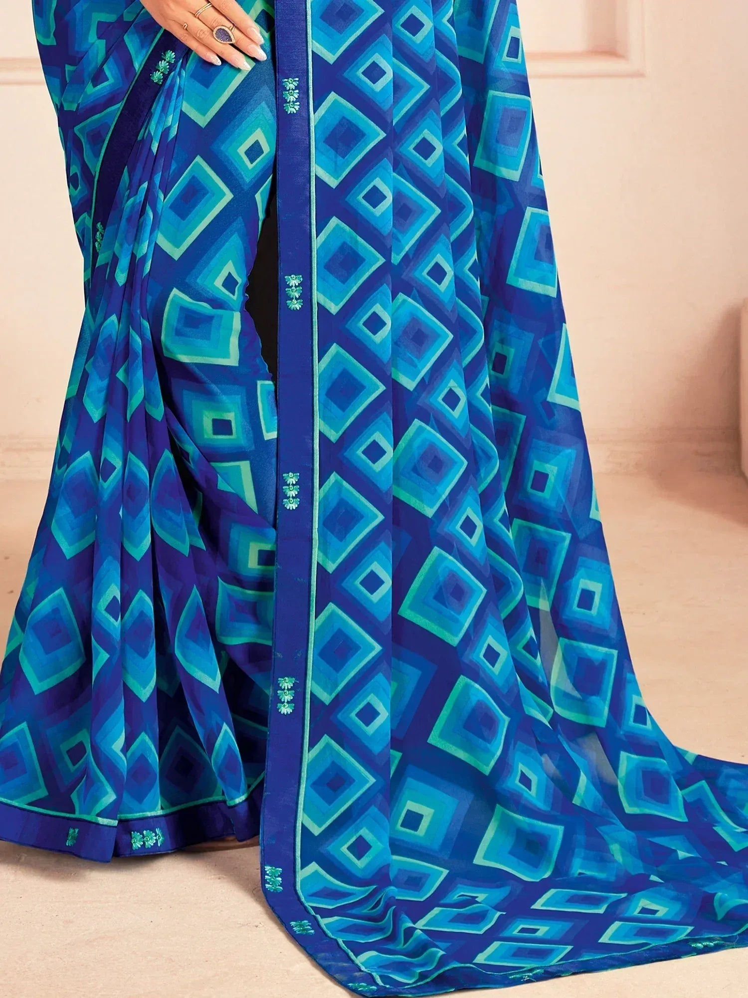 Blue geometric print saree with floral embroidery, Indian ethnic wear