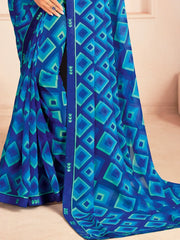 Astonishing Blue Digital Printed Georgette Party Wear Saree With Blouse