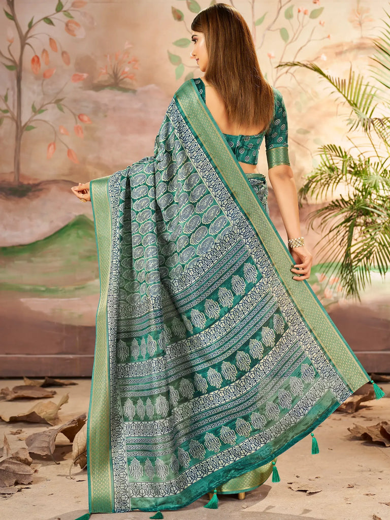 Astonishing Green Printed Dola Silk Event Wear Saree With Blouse