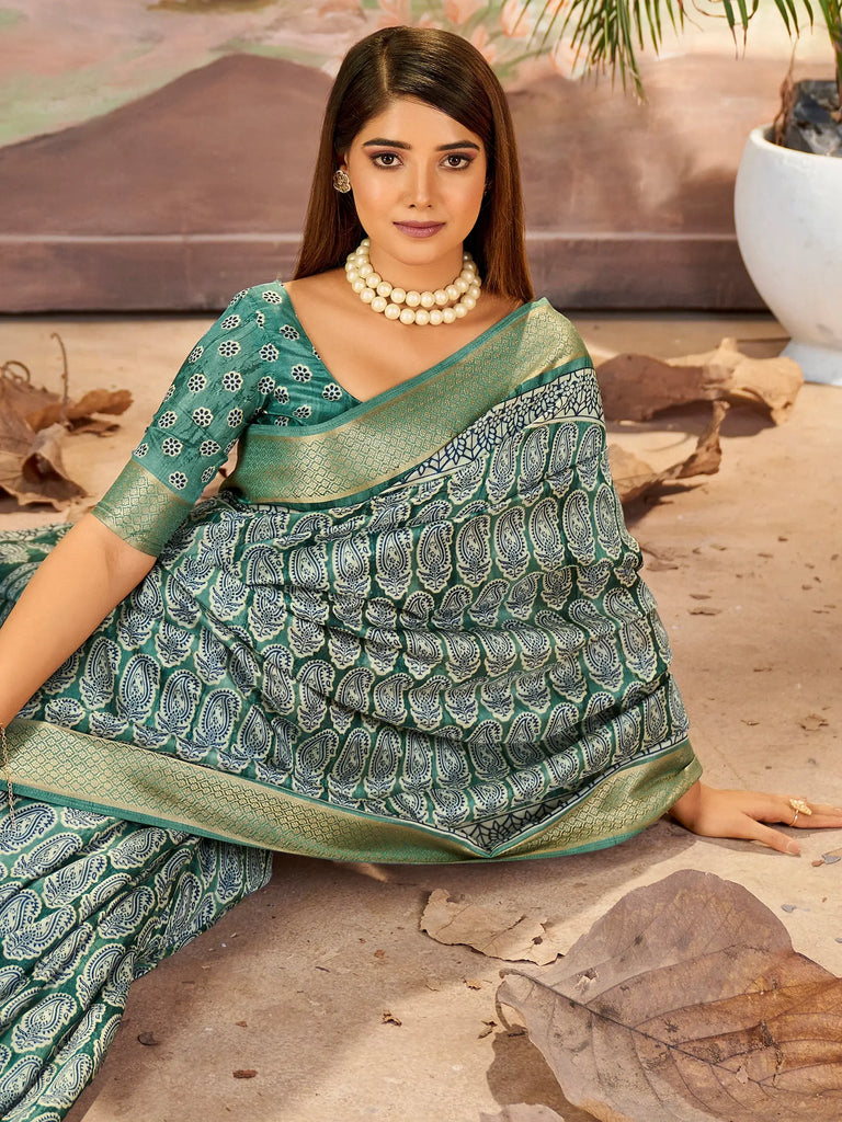 Astonishing Green Printed Dola Silk Event Wear Saree With Blouse