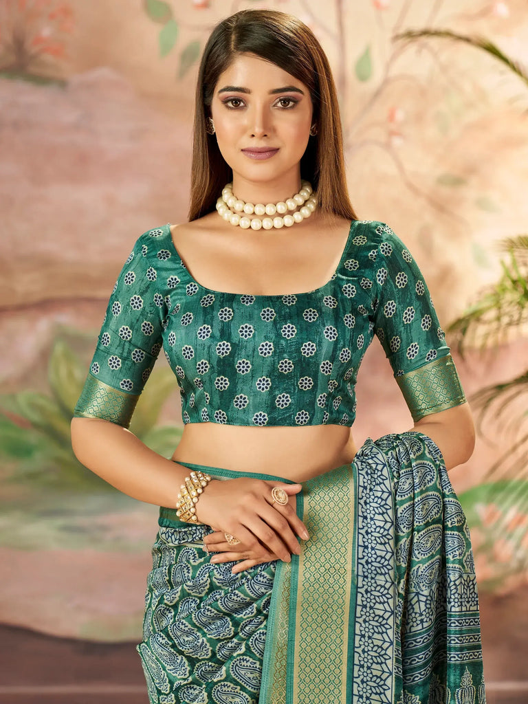 Astonishing Green Printed Dola Silk Event Wear Saree With Blouse