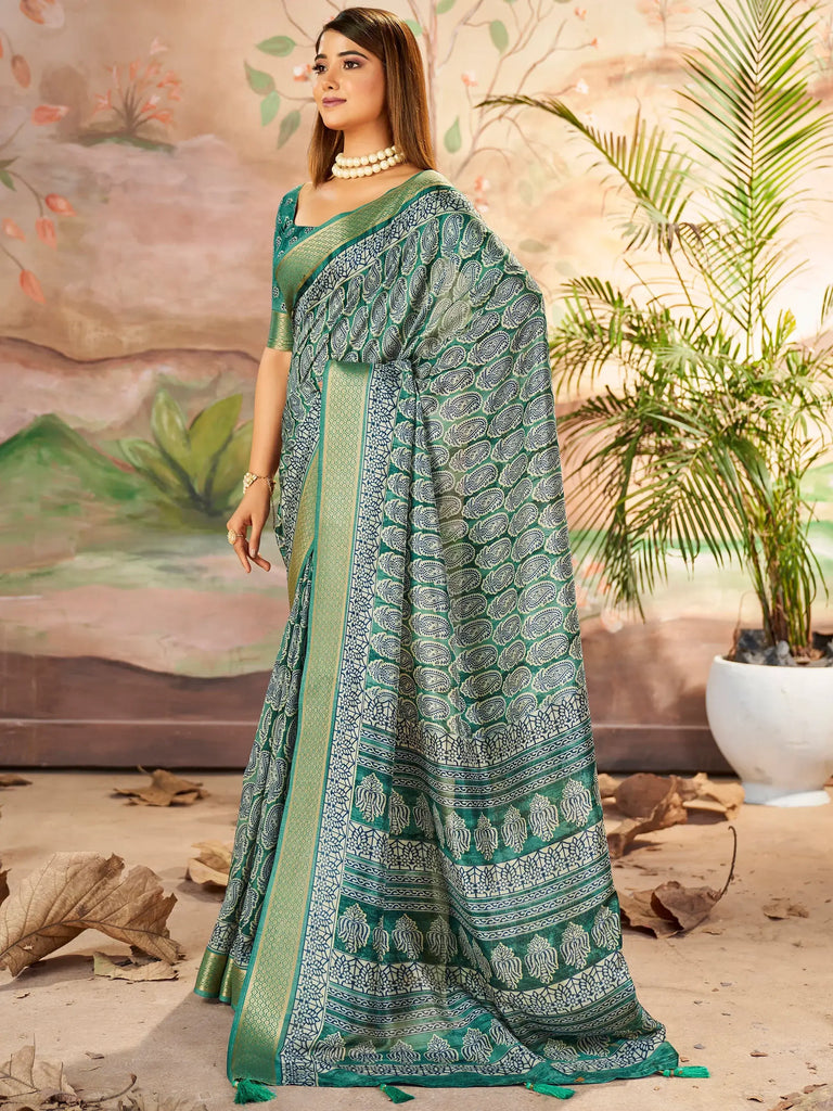 Astonishing Green Printed Dola Silk Event Wear Saree With Blouse