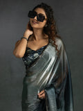 Astonishing Grey Border Work Satin Party Wear Pre-Stitched Saree