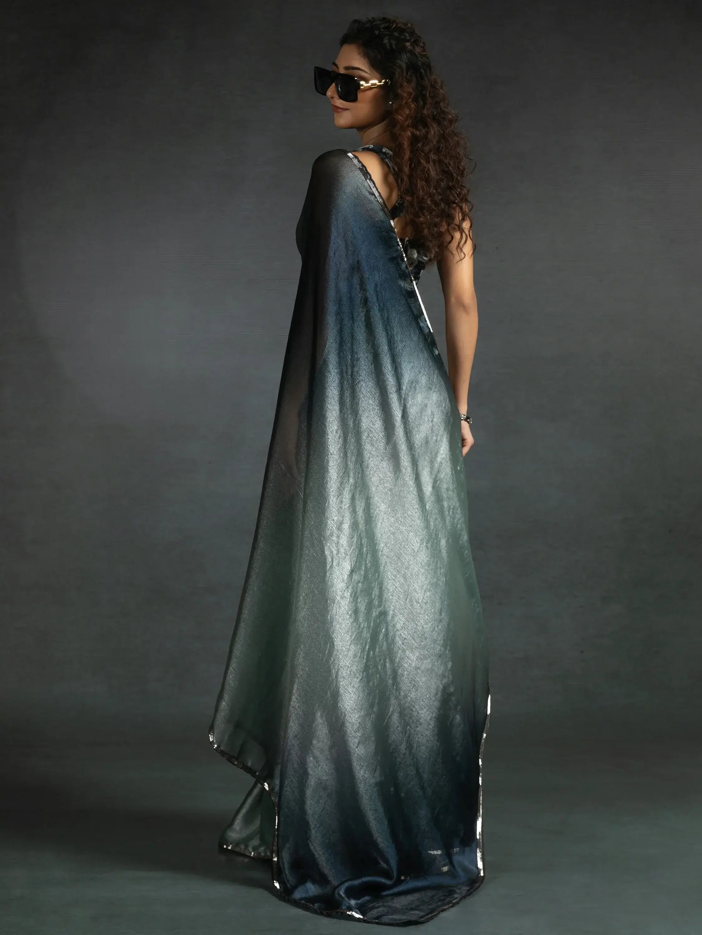 Astonishing Grey Border Work Satin Party Wear Pre-Stitched Saree