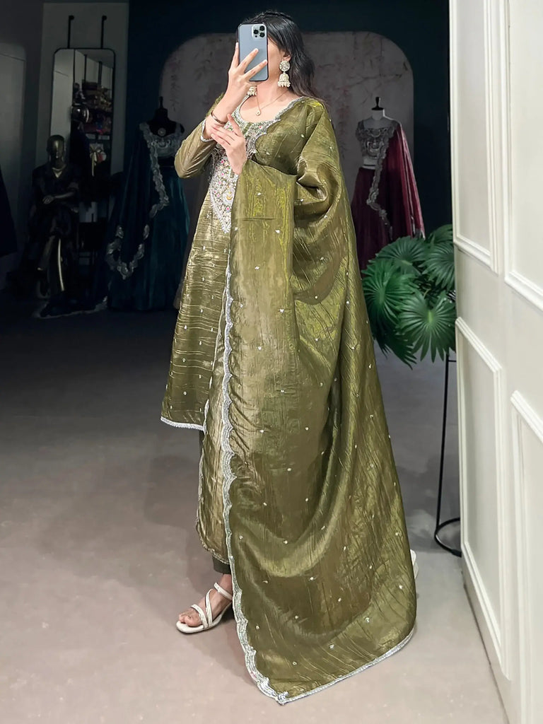 Astonishing Olive Green Thread Embroidered Mehendi Wear Pant Suit