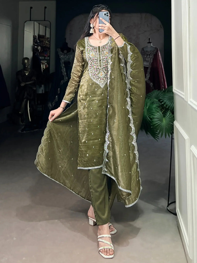 Astonishing Olive Green Thread Embroidered Mehendi Wear Pant Suit