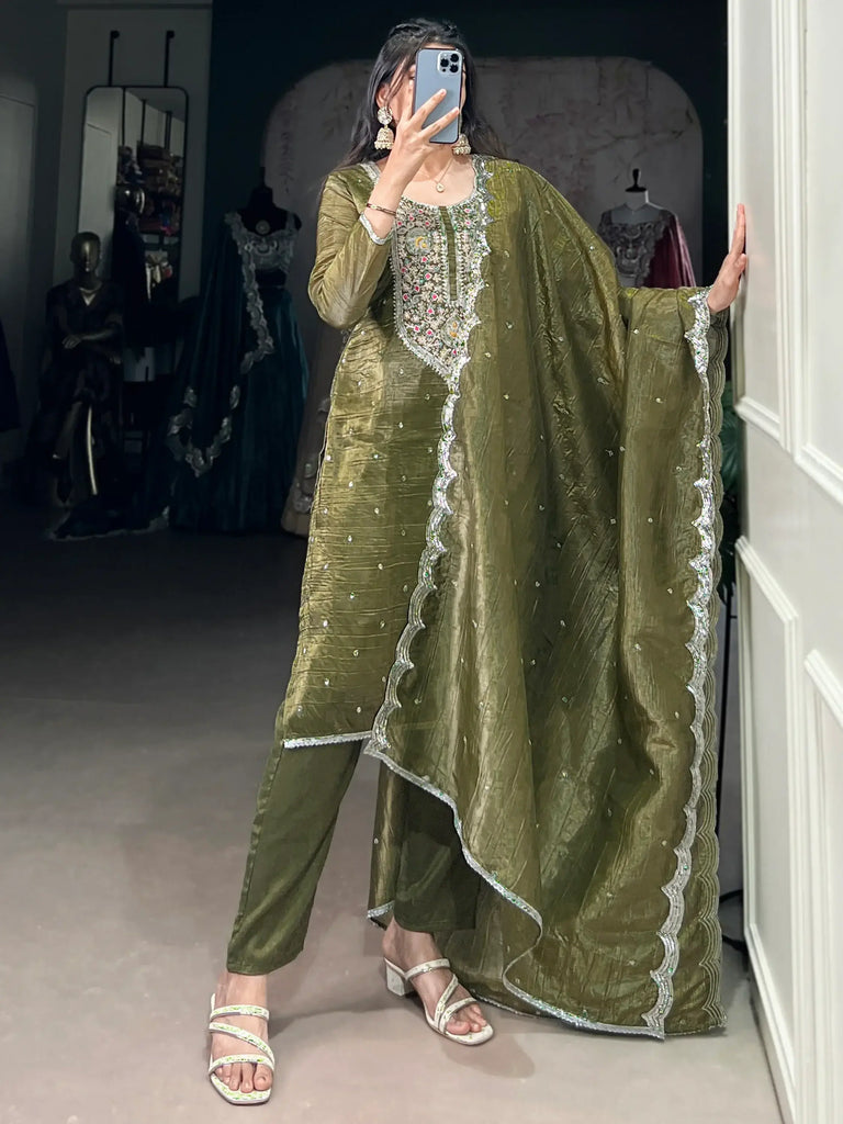 Astonishing Olive Green Thread Embroidered Mehendi Wear Pant Suit