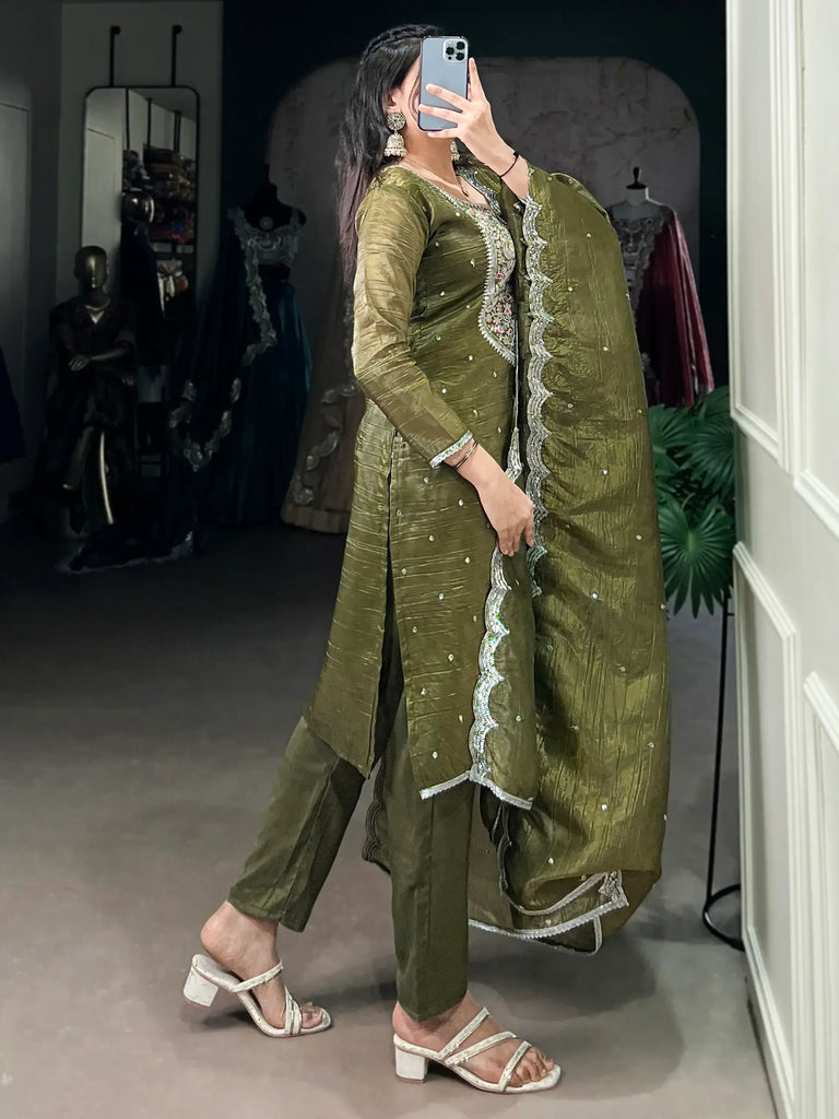 Astonishing Olive Green Thread Embroidered Mehendi Wear Pant Suit