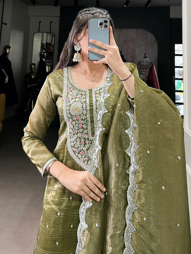 Astonishing Olive Green Thread Embroidered Mehendi Wear Pant Suit