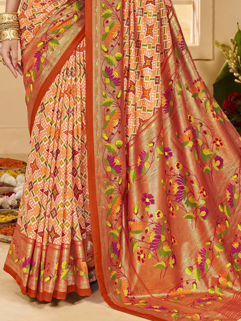 Astonishing Orange Ikkat Printed Cotton Office Wear Saree With Blouse