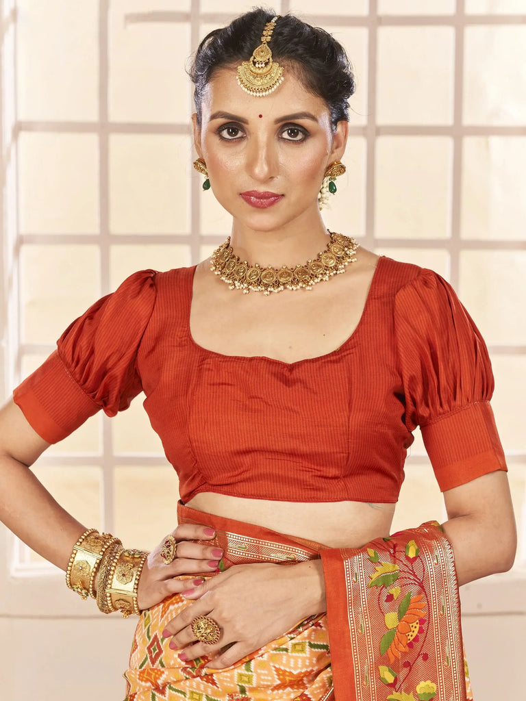 Astonishing Orange Ikkat Printed Cotton Office Wear Saree With Blouse
