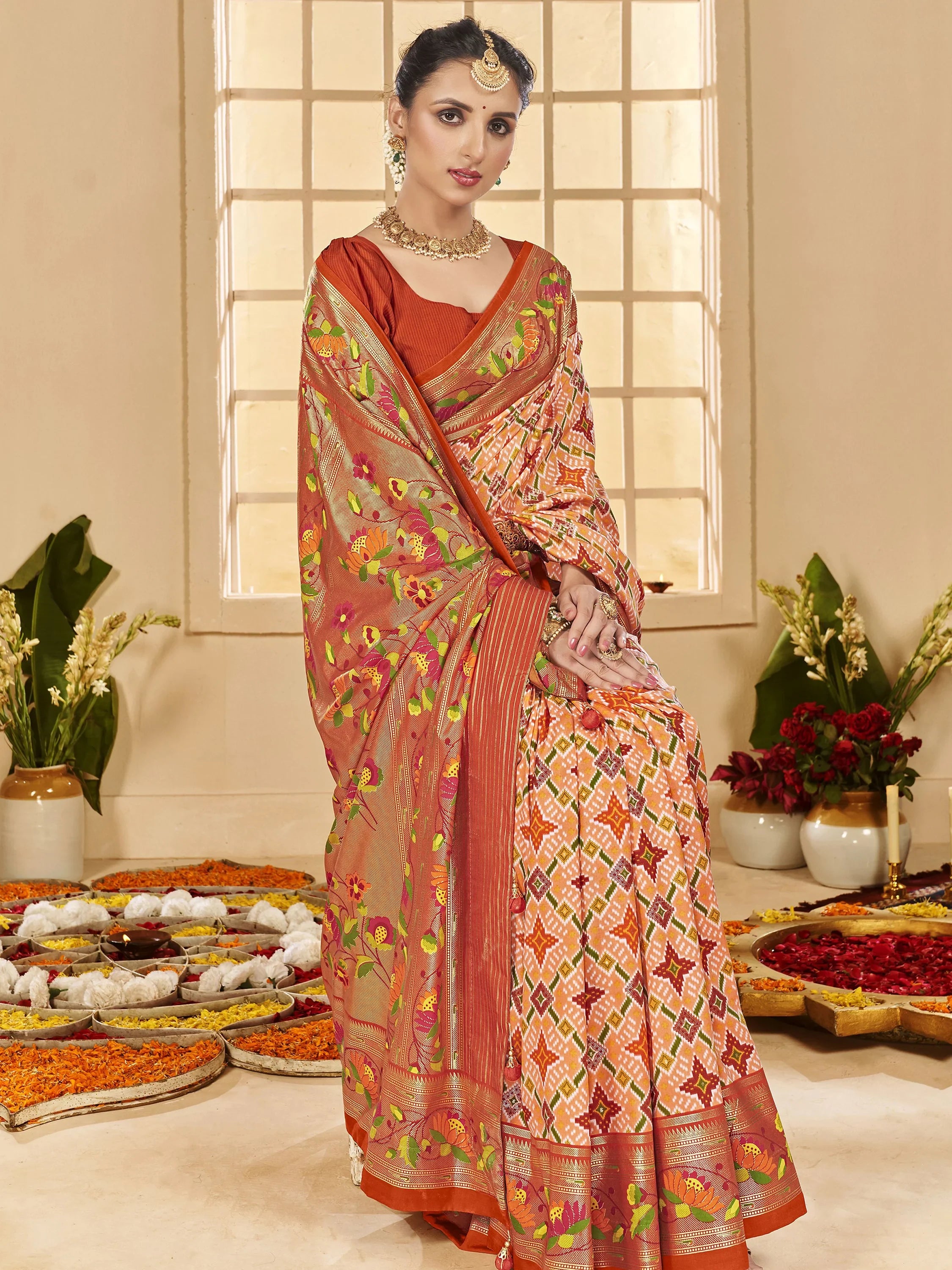 Astonishing Orange Ikkat Printed Cotton Office Wear Saree With Blouse
