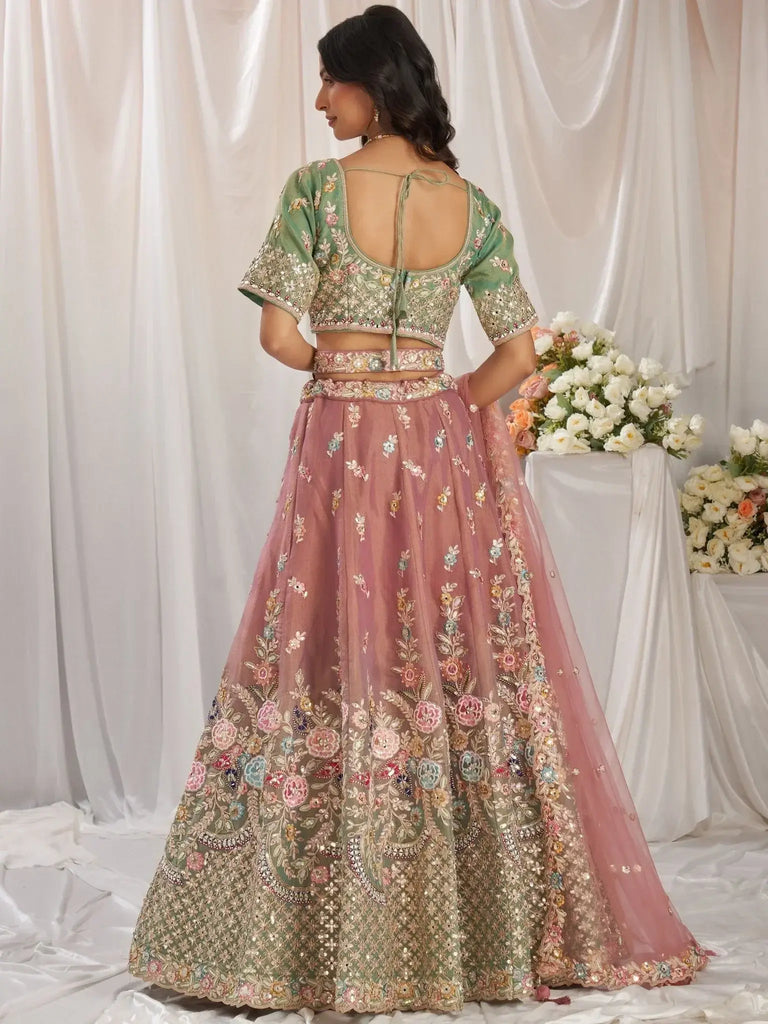 Astounding Pista Green Sequins Tissue Engagement Wear Lehenga Choli - Ethnic Plus In