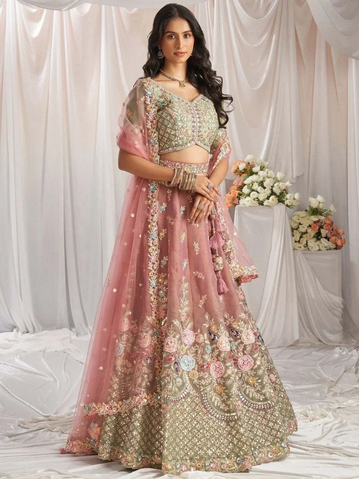 Astounding Pista Green Sequins Tissue Engagement Wear Lehenga Choli - Ethnic Plus In