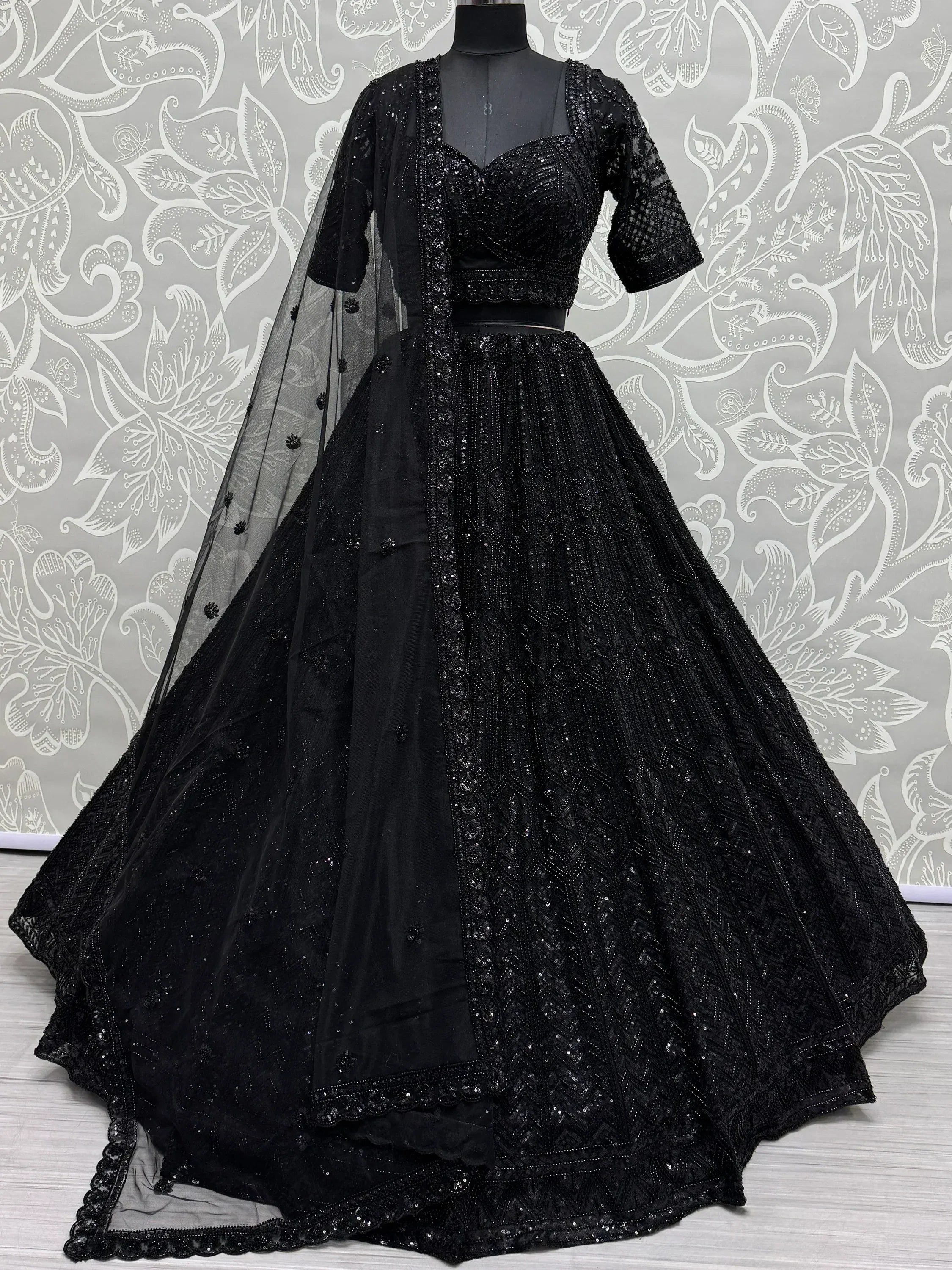 Black sequined lehenga choli with sheer dupatta, ethnic Indian party wear outfit