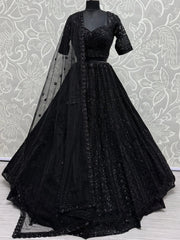 Attractive Black Embroidered Net Monochrome Lehenga With Blouse - Ethnic Plus In