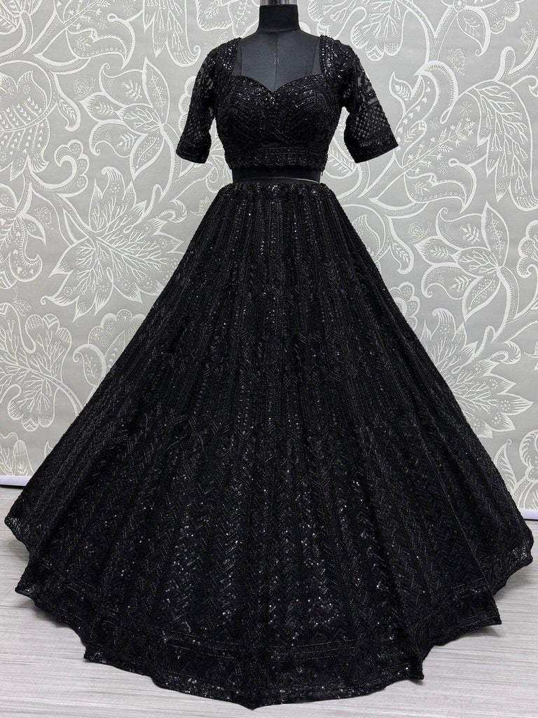 Attractive Black Embroidered Net Monochrome Lehenga With Blouse - Ethnic Plus In