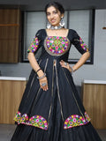 Attractive Black Mirror Work Cotton Navratri Lehenga With Long Top - Ethnic Plus In