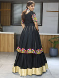 Attractive Black Mirror Work Cotton Navratri Lehenga With Long Top - Ethnic Plus In