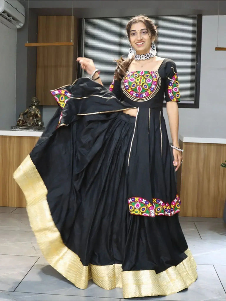 Attractive Black Mirror Work Cotton Navratri Lehenga With Long Top - Ethnic Plus In