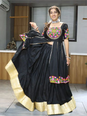 Attractive Black Mirror Work Cotton Navratri Lehenga With Long Top - Ethnic Plus In